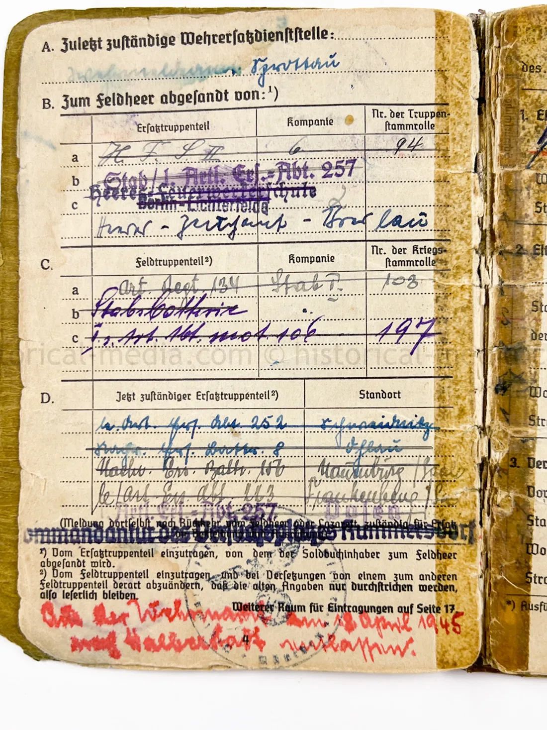 SOLDBUCH - ARTILLERIE REGIMENT 134 - HEERESVERSUCHSANSTALT KUMMERSDORF