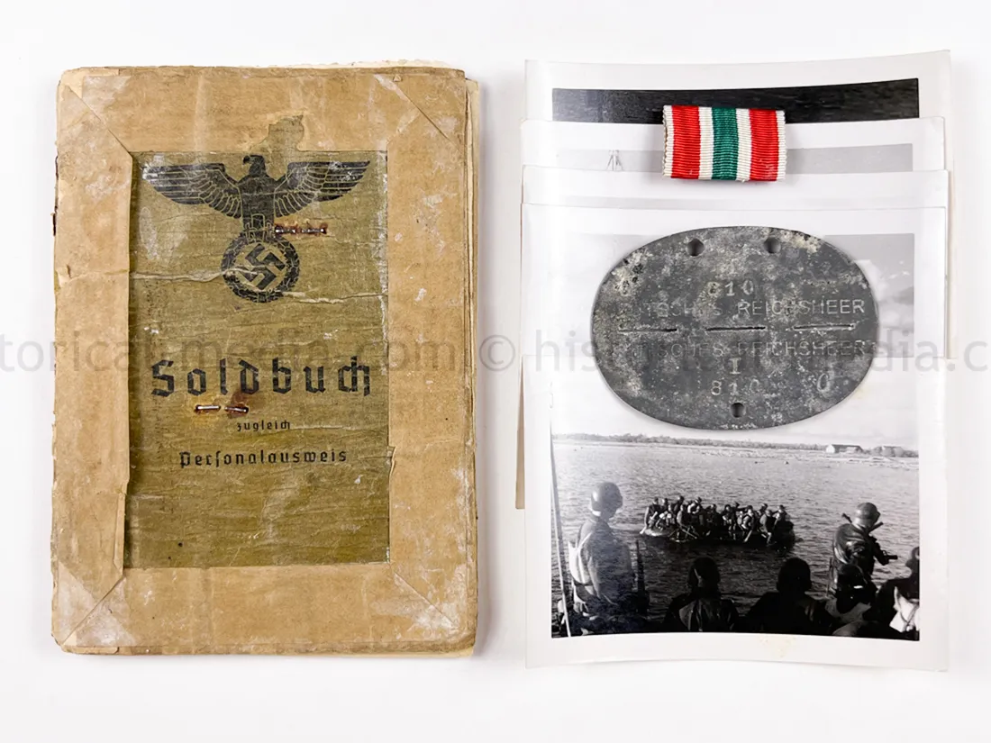 SOLDBUCH + ID TAG + PHOTOS + RIBBON - GRENADIER REGIMENT 677 - MEMEL CAMPAIGN MEDAL