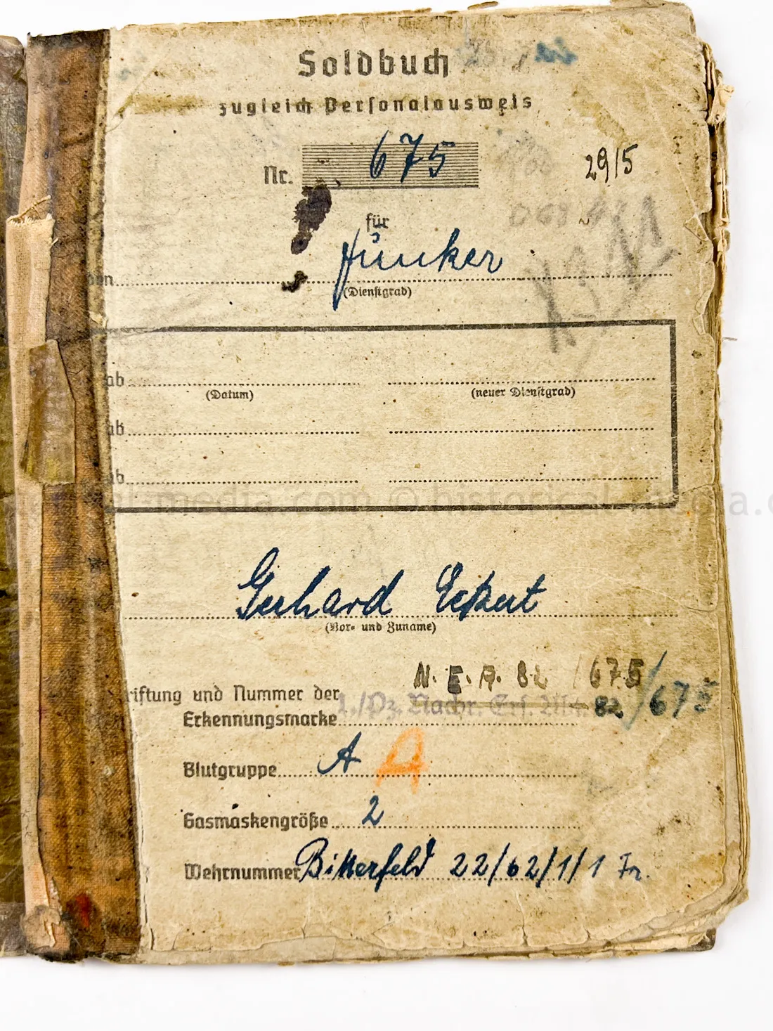 SOLDBUCH - STURMGESCHÜTZ - 14.(PZ.JG.) GREN. RGT. 405 - 121. INFANTERIE DIVISION - GOLD WOUND BADGE - KURLAND