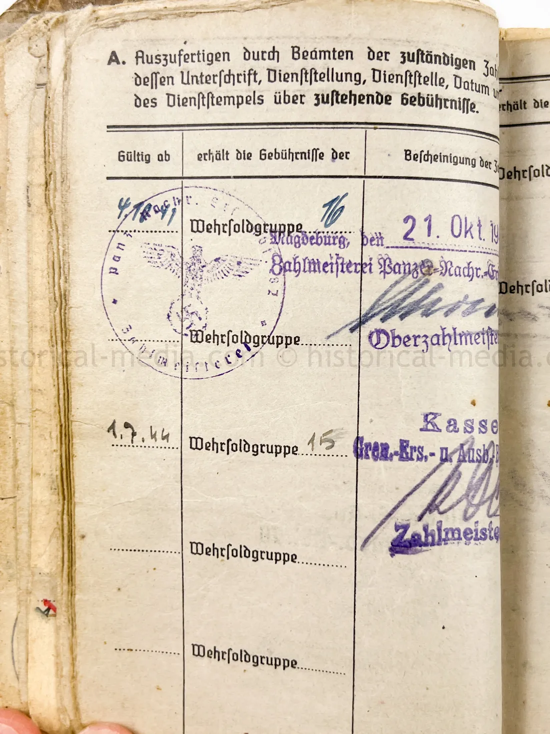 SOLDBUCH - STURMGESCHÜTZ - 14.(PZ.JG.) GREN. RGT. 405 - 121. INFANTERIE DIVISION - GOLD WOUND BADGE - KURLAND