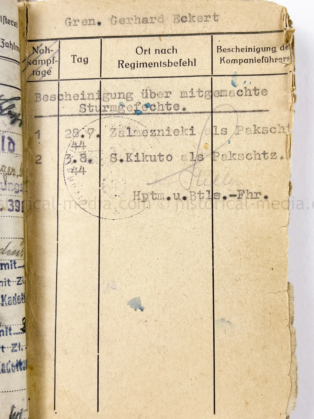 SOLDBUCH - STURMGESCHÜTZ - 14.(PZ.JG.) GREN. RGT. 405 - 121. INFANTERIE DIVISION - GOLD WOUND BADGE - KURLAND