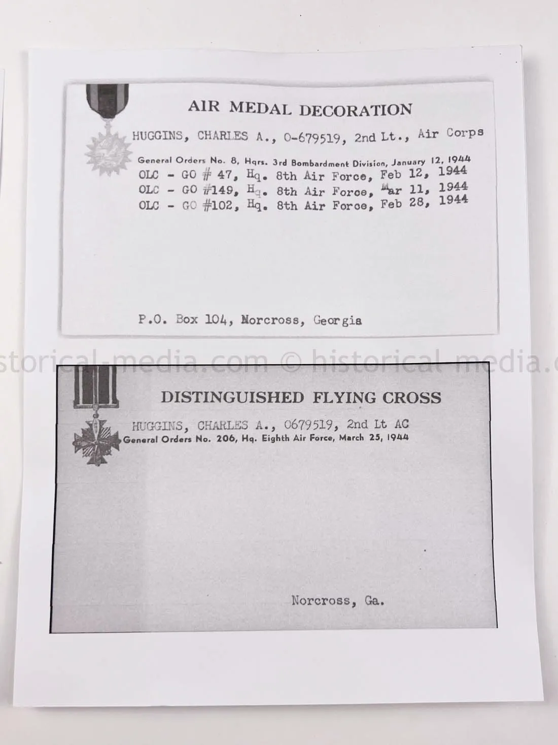 US WWII DFC & AIR MEDAL GROUPING - LT. CHARLES A. HUGGINS - 94th BOMB GROUP