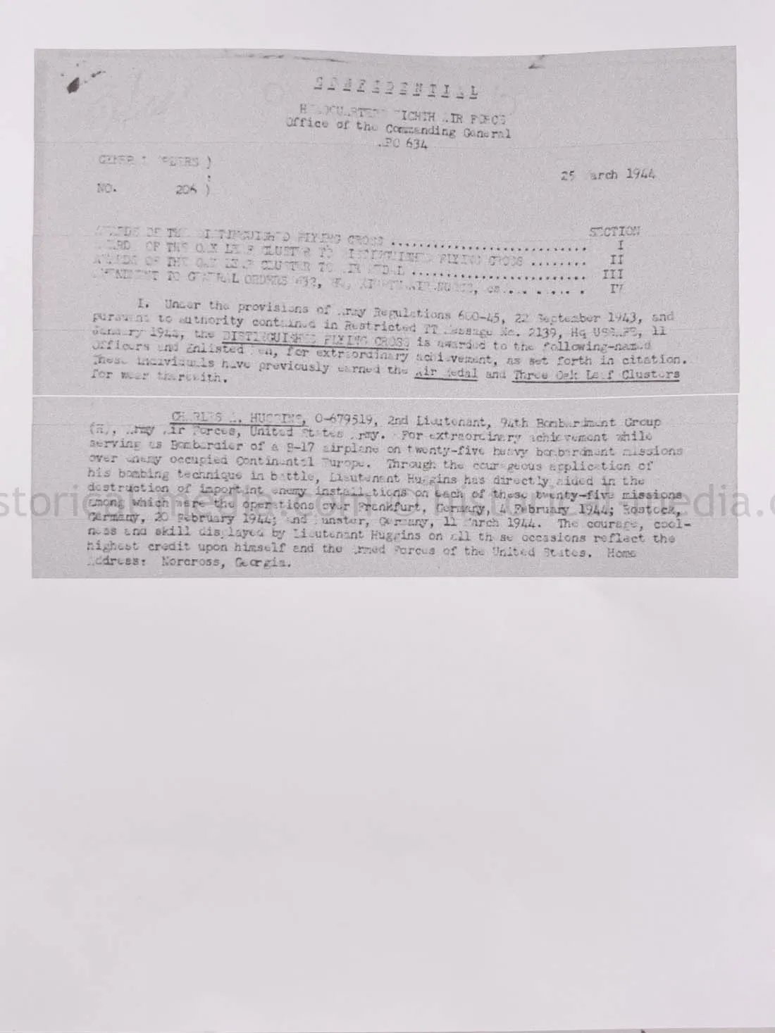 US WWII DFC & AIR MEDAL GROUPING - LT. CHARLES A. HUGGINS - 94th BOMB GROUP