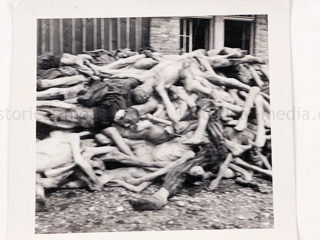US GI WWII PHOTO GROUPING - BUCHENWALD CONCENTRATION CAMP, MUSSOLINI, AIRCRAFT, TANKS