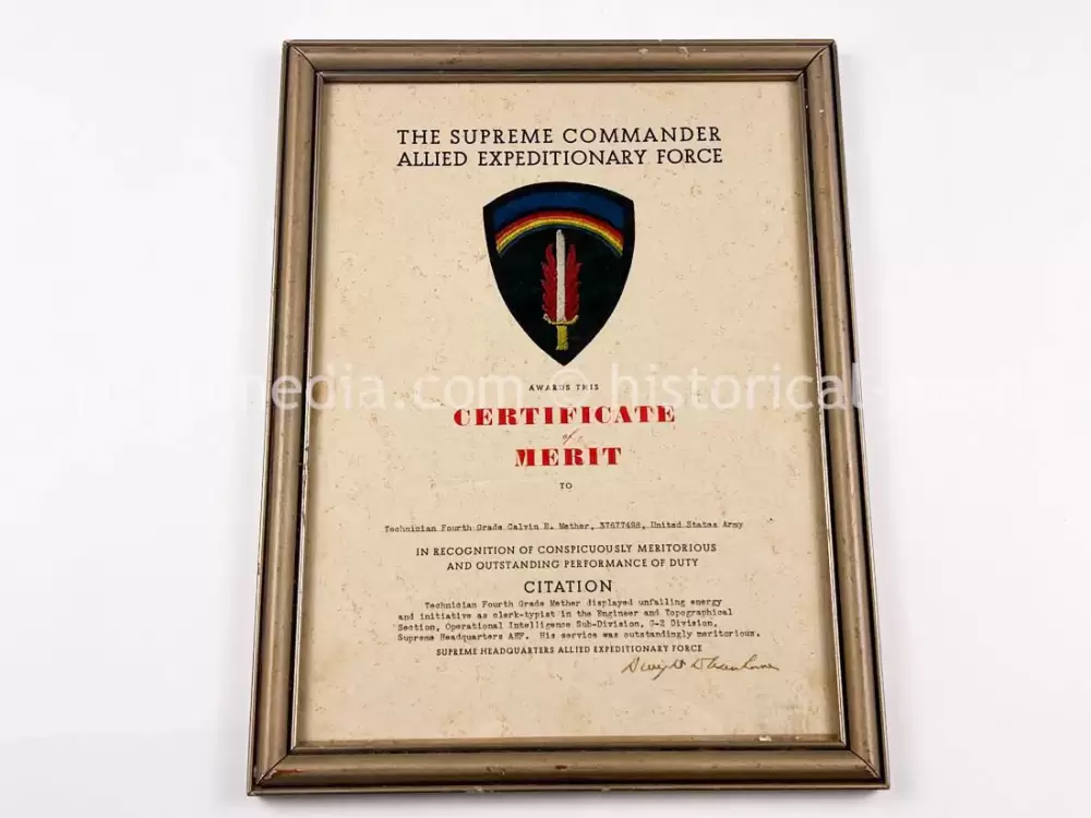 RARE ORIGINAL EISENHOWER SIGNED SHAEF CERTIFICATE OF MERIT