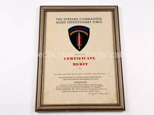 RARE ORIGINAL EISENHOWER SIGNED SHAEF CERTIFICATE OF MERIT