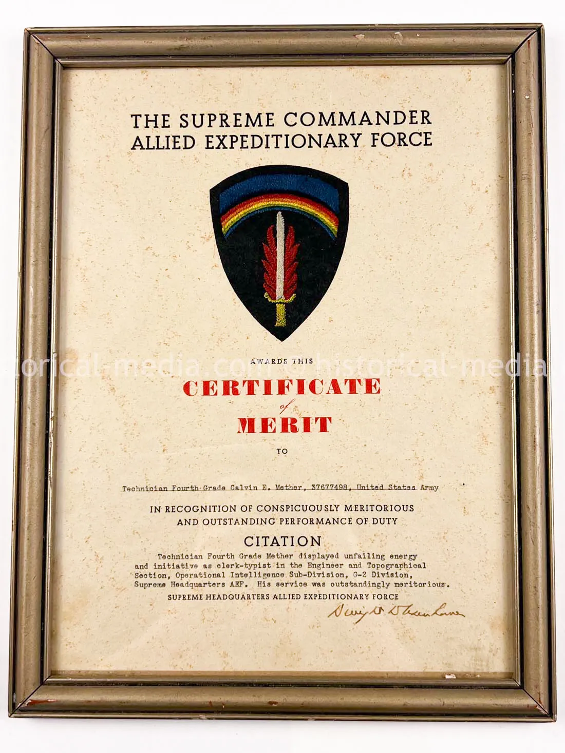 RARE ORIGINAL EISENHOWER SIGNED SHAEF CERTIFICATE OF MERIT