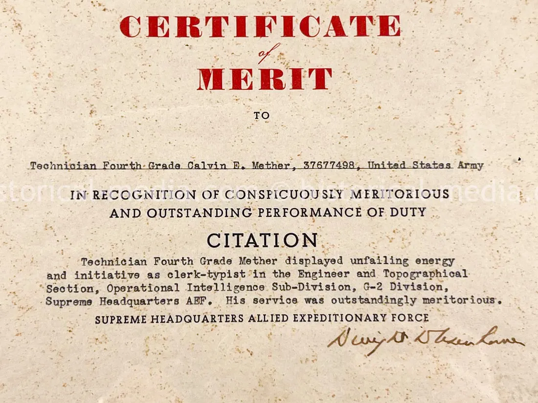 RARE ORIGINAL EISENHOWER SIGNED SHAEF CERTIFICATE OF MERIT
