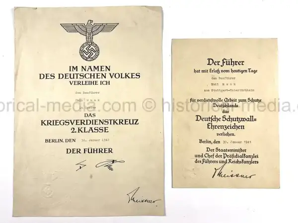 GERMAN WWII AWARD DOCUMENT GROUPING - WEST WALL MEDAL & KVK2 - OPATOW, POLAND