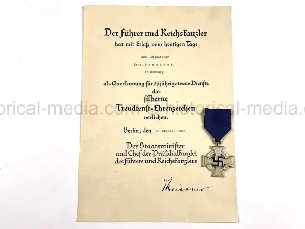 GERMAN WWII 25-YEAR LONG SERVICE MEDAL AND AWARD DOCUMENT