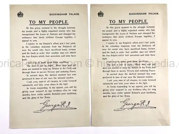 2x WWII BRITISH KING GEORGE CALL TO ARMS LETTERS