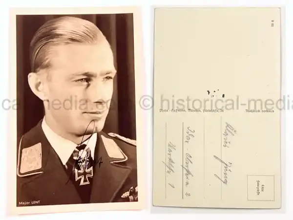 RARE WARTIME PORTRAIT PHOTO & SIGNATURE - NIGHTFIGHTER- HELMUT LENT - 119 VICTORIES