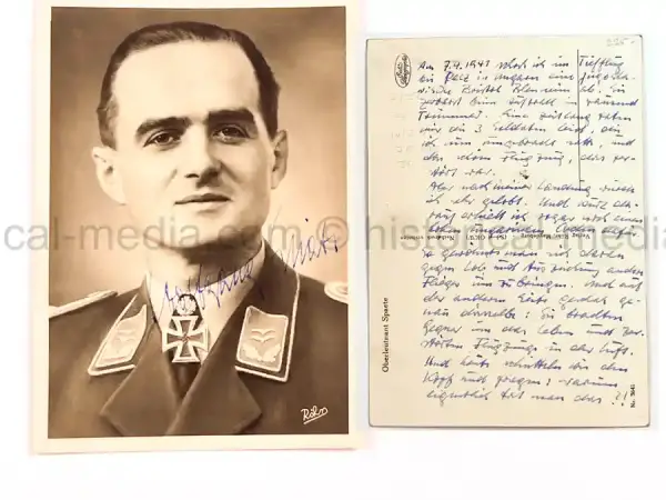 WARTIME KNIGHTS CROSS WINNER PORTRAIT PHOTO & SIGNATURE & LENGTHY DEDICATION - WOLFGANG SPÄTE - 99 VICTORIES