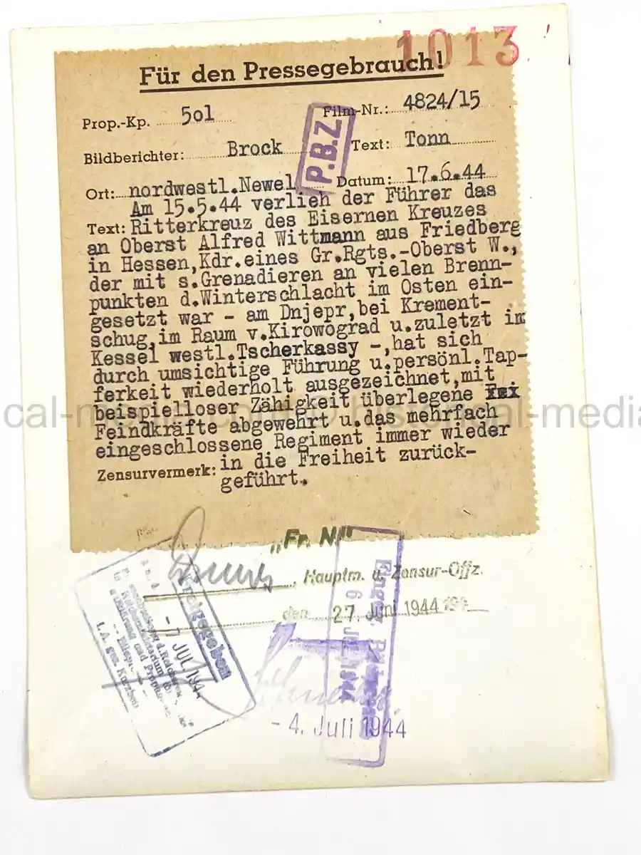 GERMAN KNIGHTS CROSS WINNER PRESS PHOTO - WASMOND VON DEM KNESEBECK (Copy)