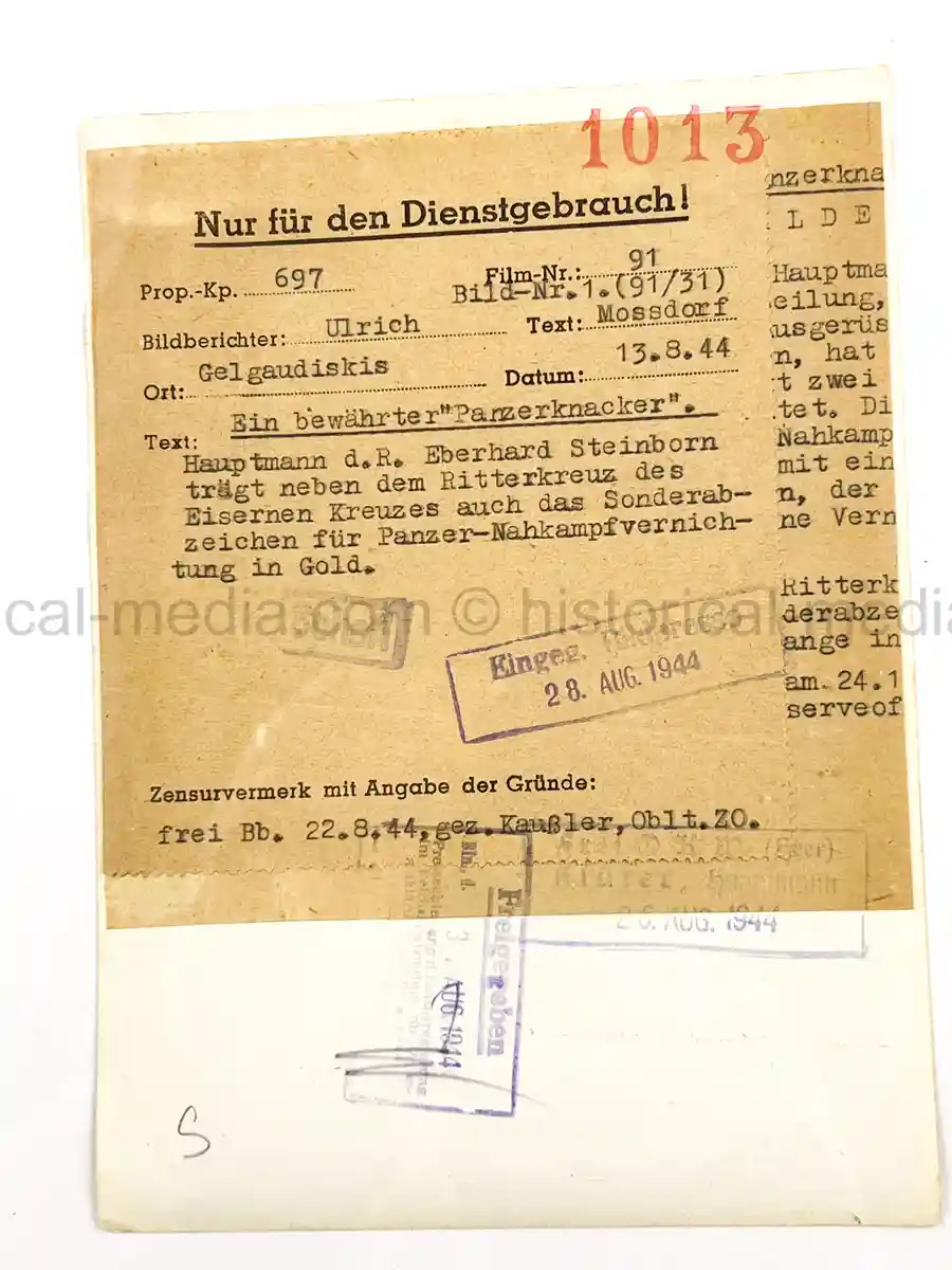 GERMAN KNIGHTS CROSS WINNER PRESS PHOTO - EBERHARD STEINBORN - "PANZERKNACKER" GERMAN KNIGHTS CROSS WINNER PRESS PHOTO - EBERHARD STEINBORN - "PANZERKNACKER"