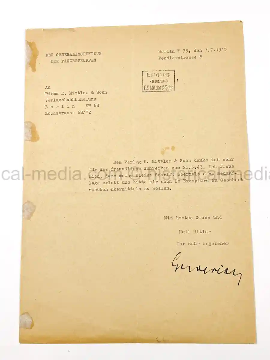 ORIGINAL 1943 SIGNATURE - HEINZ GUDERIAN