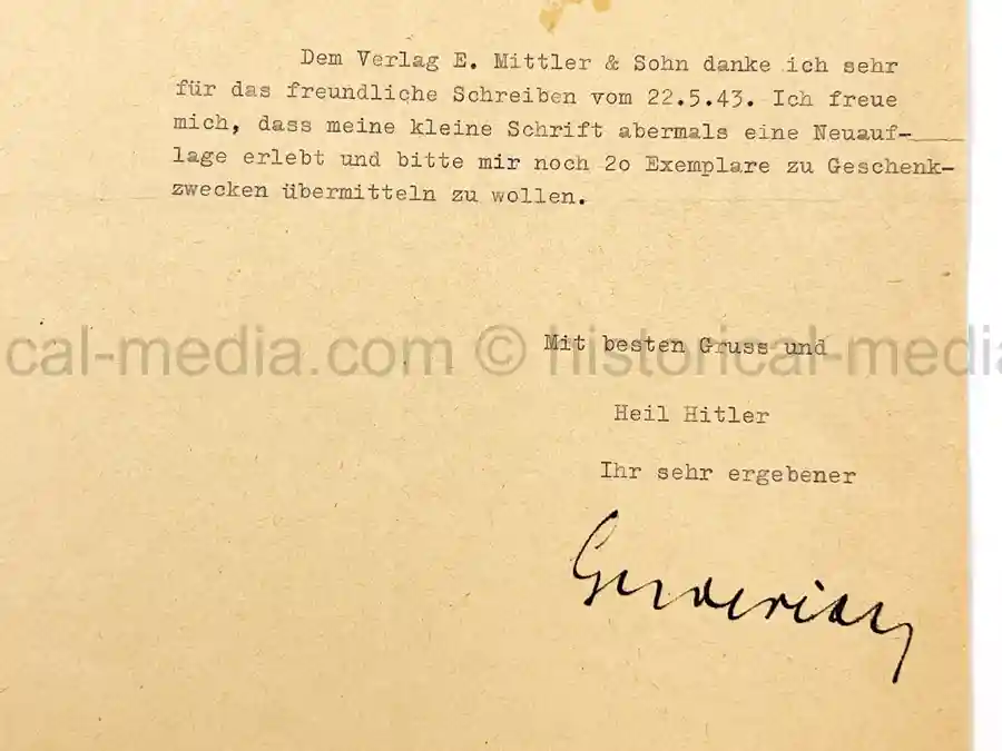 ORIGINAL 1943 SIGNATURE - HEINZ GUDERIAN