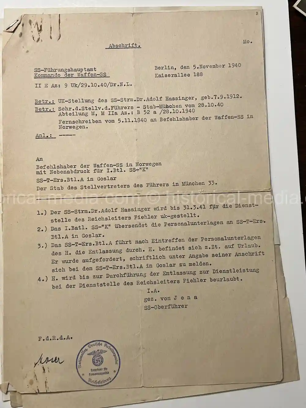 WAFFEN-SS DOCUMENT GROUPING - SS DIVISION TOTENKOPF & NORD + REICHSAMTSLEITER