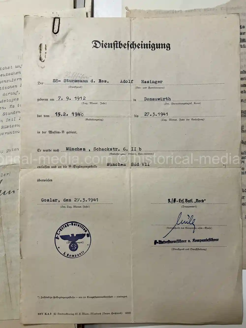WAFFEN-SS DOCUMENT GROUPING - SS DIVISION TOTENKOPF & NORD + REICHSAMTSLEITER