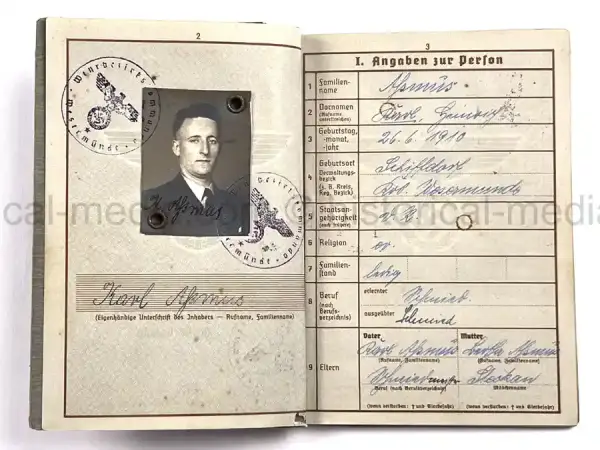 WWII GERMAN WEHRPASS – OBERGEFREITER KARL ABMUS – PIONIER BTL. 22 / 50 / 30 – POLENFELDZUG – OSTFRONT – KIA 18.3.1943 - STARAJA RUSSA