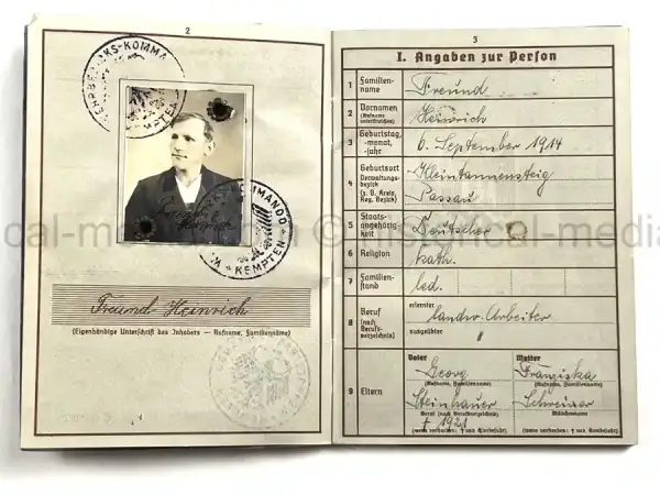 WEHRPASS – HEINRICH FREUND – 10. INFANTERIE-DIVISION – POLAND - KIA – BATTLE OF THE BZURA 