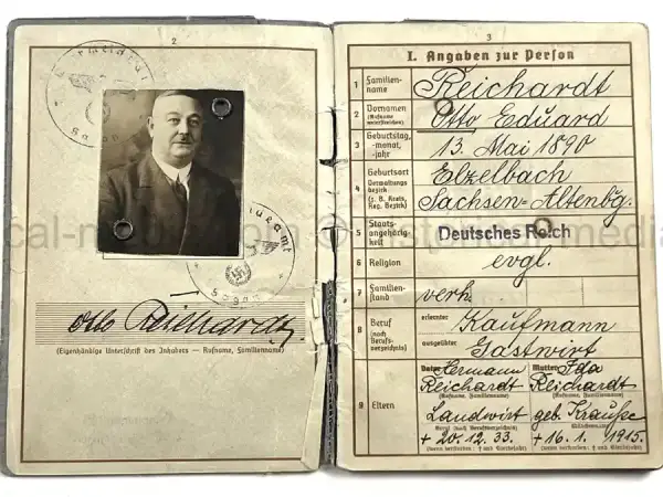 WEHRPASS – OTTO EDUARD REICHARDT –  POLAND CAMPAIGN - VISTULA, MODLIN, WARSAW – STABSZAHLMEISTER 