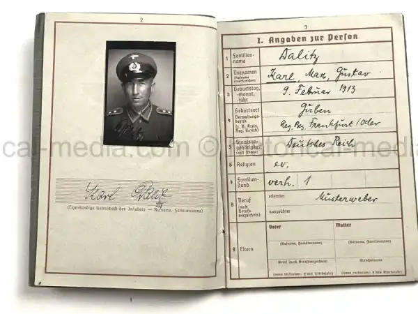 WEHRPASS – KARL MAX GUSTAV DALITZ – 266. INFANTERIE-DIVISION – POLAND, FRANCE - EK1 AWARD FOR NORMANDY