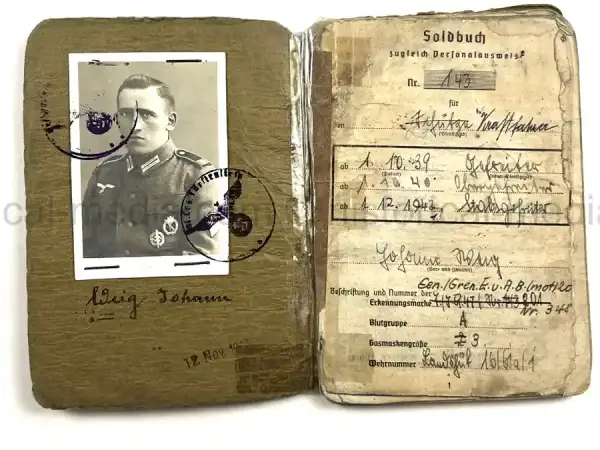 WWII GERMAN HEER SOLDBUCH – JOHANN WEIG – STABSGEFREITER –  GREN. RGT. 41 (MOT.) – 10. INFANTERIE DIVISION - EASTERN FRONT & WESTFELDZUG  – INFANTRY ASSAULT BADGE  